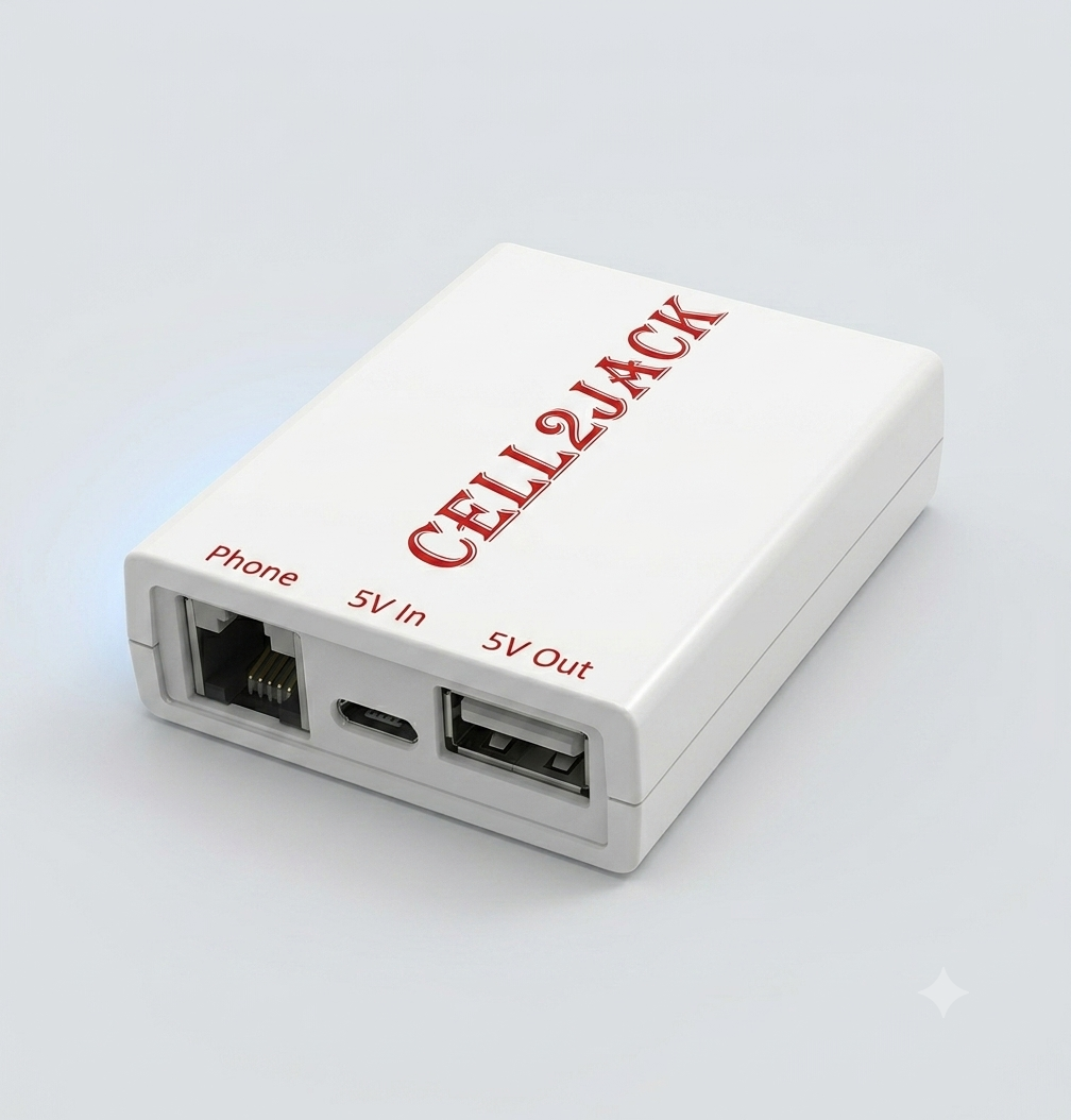 Cell2Jack device, showing the Phone, 5V In, and 5V Out ports.