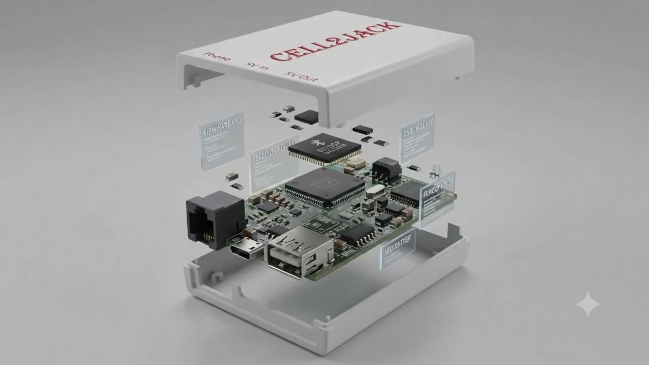 Exploded view of the Cell2Jack: the lid is lifted and the circuit board is raised out of the white housing.
